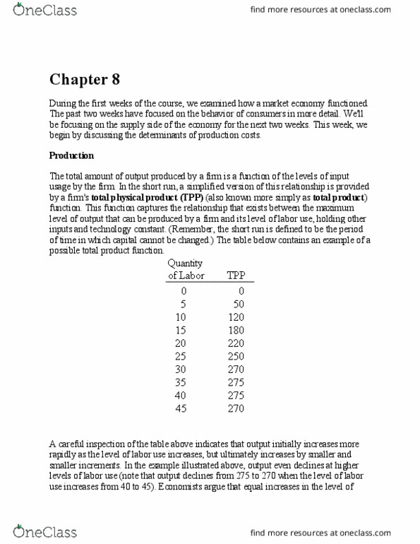 ECON 22060 Chapter Notes - Chapter 8: Fixed Cost, Variable Cost, Diminishing Returns thumbnail