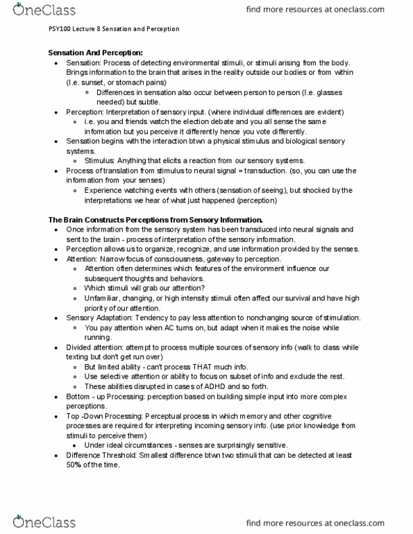 PSY100H1 Lecture Notes - Lecture 8: Signal Transduction, Sensory System, Mammography thumbnail