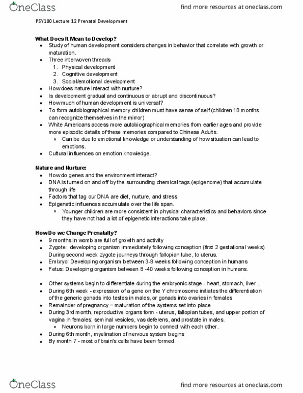 PSY100H1 Lecture Notes - Lecture 12: Vas Deferens, Prenatal Development, Autobiographical Memory thumbnail