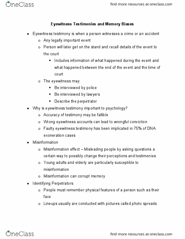 PSYC-101 Chapter Notes - Chapter 15: Eyewitness Testimony thumbnail