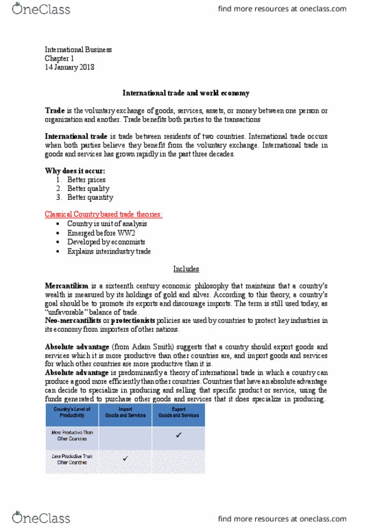 MGCR 382 Chapter Notes - Chapter Chapter 1: Absolute Advantage, International Trade, Mercantilism thumbnail