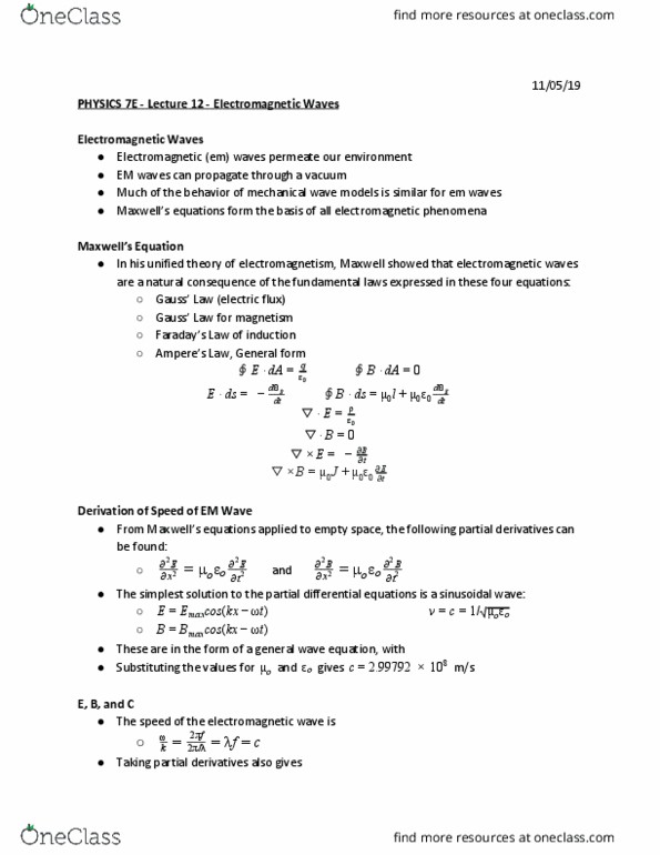 PHYSICS 7E Lecture Notes - Lecture 12: Partial Differential Equation, Electric Flux, Electric Field thumbnail