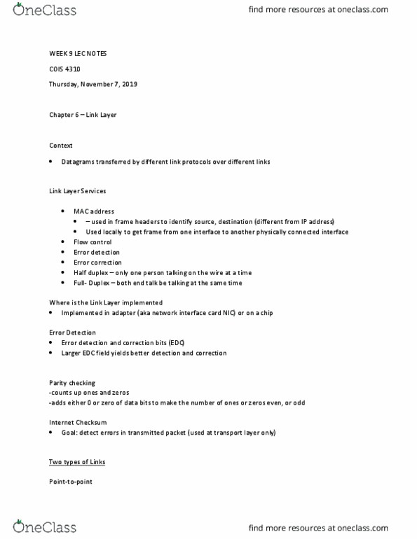 COIS 4310H Lecture Notes - Lecture 9: Network Interface Controller, Mac Address, Bit thumbnail