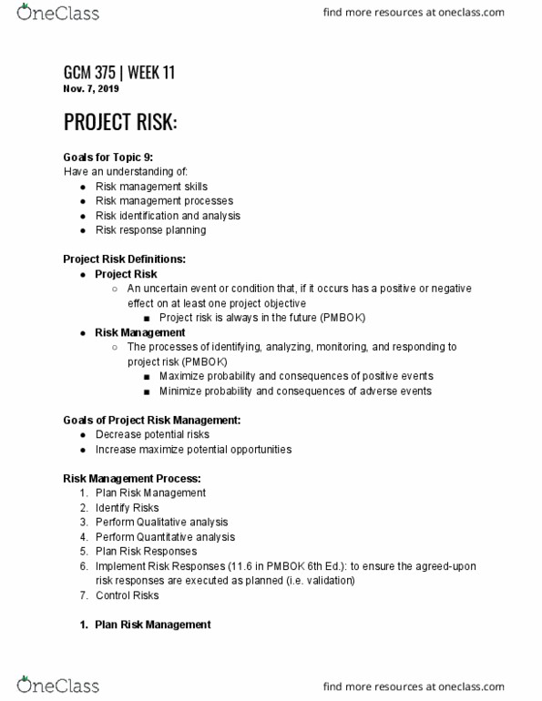 GCM 375 Lecture Notes - Lecture 11: Project Risk Management, Project Management Body Of Knowledge, Control Risks thumbnail
