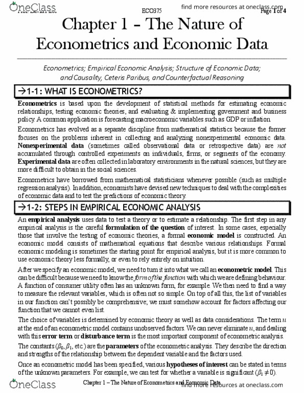 ECO375H5 Chapter Notes - Chapter 1: Econometrics, Econometric Model, Ceteris Paribus thumbnail