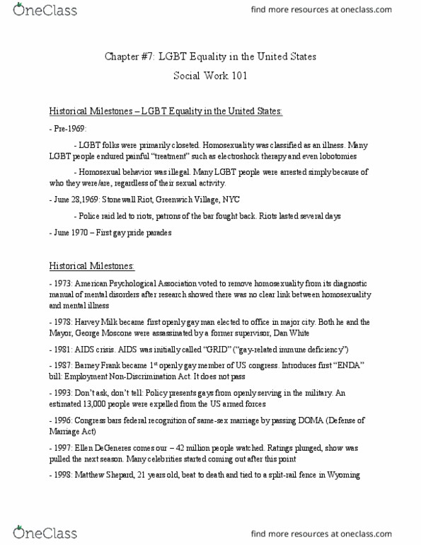 SOCWRK-101 Lecture Notes - Lecture 14: George Moscone, Stonewall Riots, Barney Frank thumbnail