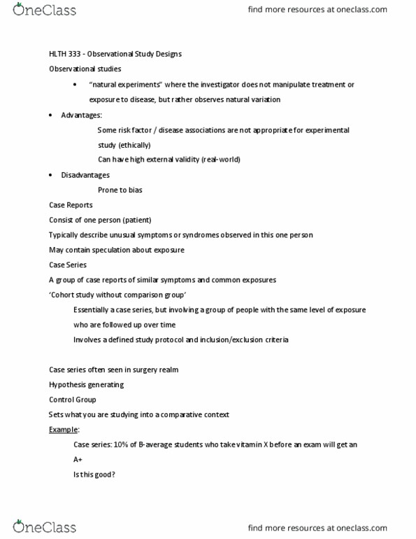 HLTH333 Lecture Notes - Lecture 9: Case Series, Vitamin X, Cohort Study thumbnail