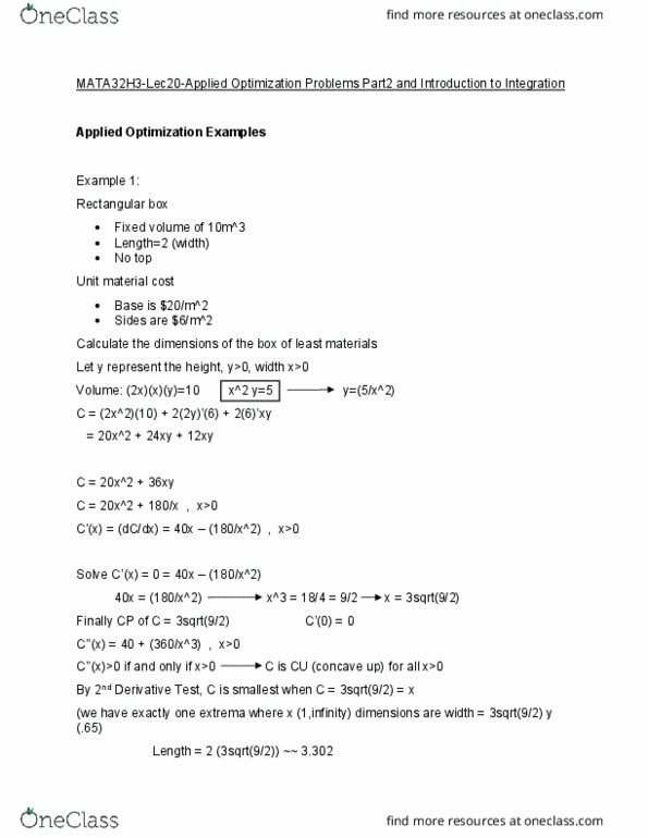 MATA32H3 Lecture Notes - Lecture 20: Antiderivative, Integral Symbol cover image