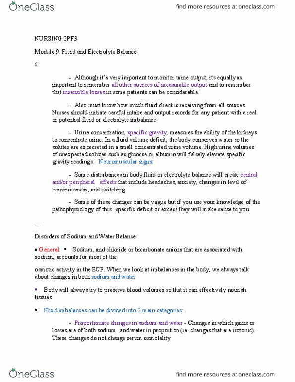 NURSING 2PF3 Chapter Notes - Chapter 7: Water–Electrolyte Imbalance, Body Fluid, Electrolyte thumbnail
