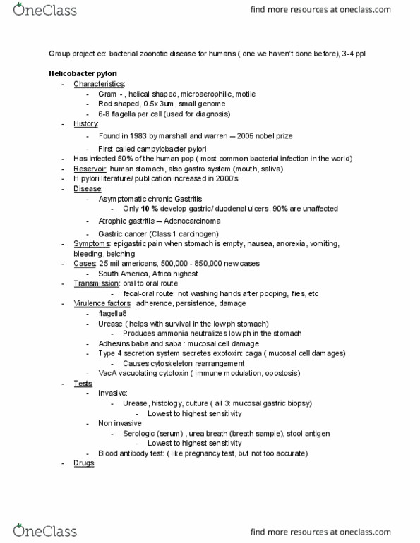 MIC 410 Lecture Notes - Lecture 16: Helicobacter Pylori, Atrophic Gastritis, Peptic Ulcer thumbnail