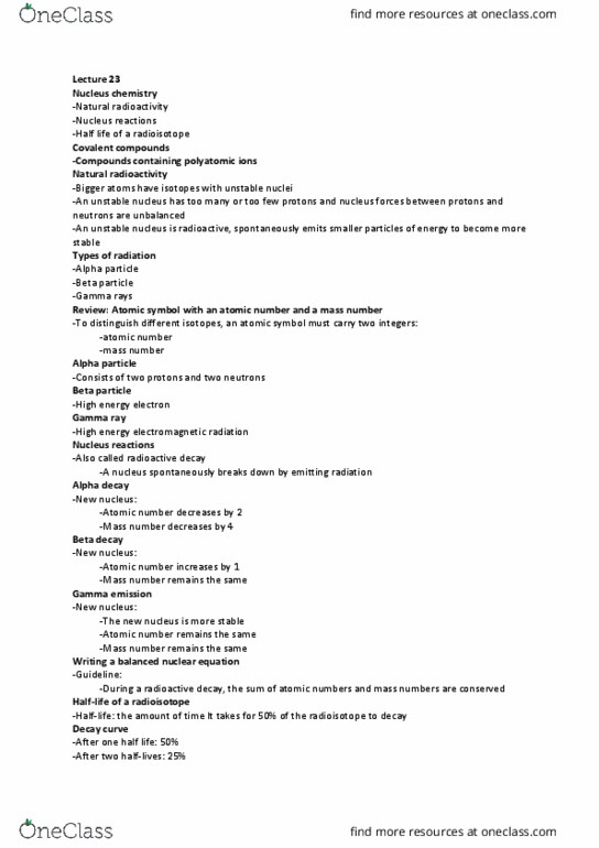 PSC 133 Lecture Notes - Lecture 23: Beta Decay, Gamma Ray, Alpha Decay thumbnail