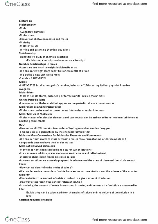 PSC 133 Lecture Notes - Lecture 24: Amedeo Avogadro, Molar Mass, Chemical Formula thumbnail