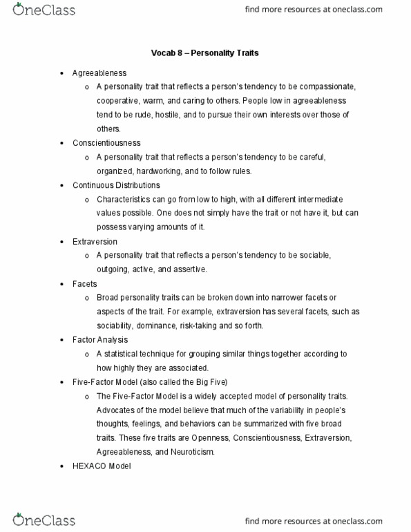 PSYC-101 Chapter Notes - Chapter 8: Trait Theory, Hexaco Model Of Personality Structure, Extraversion And Introversion thumbnail