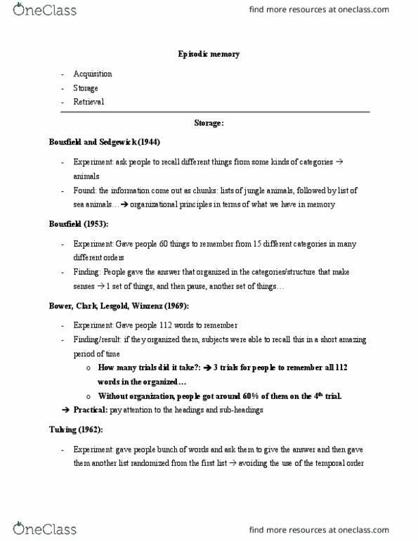 Psychology 2135 Lecture Notes - Lecture 11: Episodic Memory, Endel Tulving, Interference Theory thumbnail