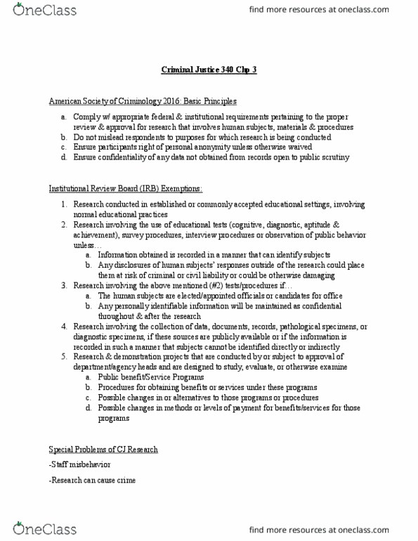 CRJU 340 Lecture Notes - Lecture 3: Institutional Review Board, Stanford Prison Experiment, Belmont Report thumbnail