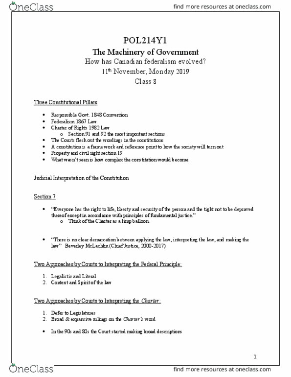 POL214Y1 Lecture Notes - Lecture 8: Beverley Mclachlin, Fundamental Justice, Parliamentary Sovereignty thumbnail