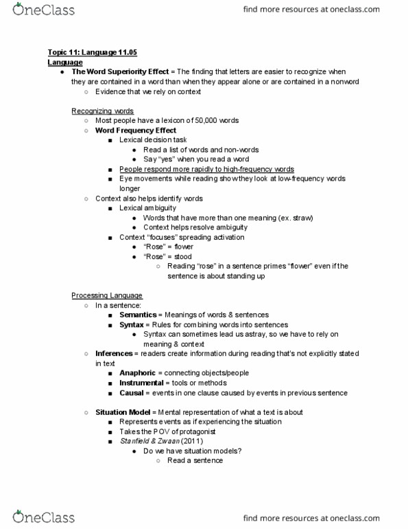 PSY 200 Lecture Notes - Lecture 16: Word Superiority Effect, Lexical Decision Task, Spreading Activation thumbnail