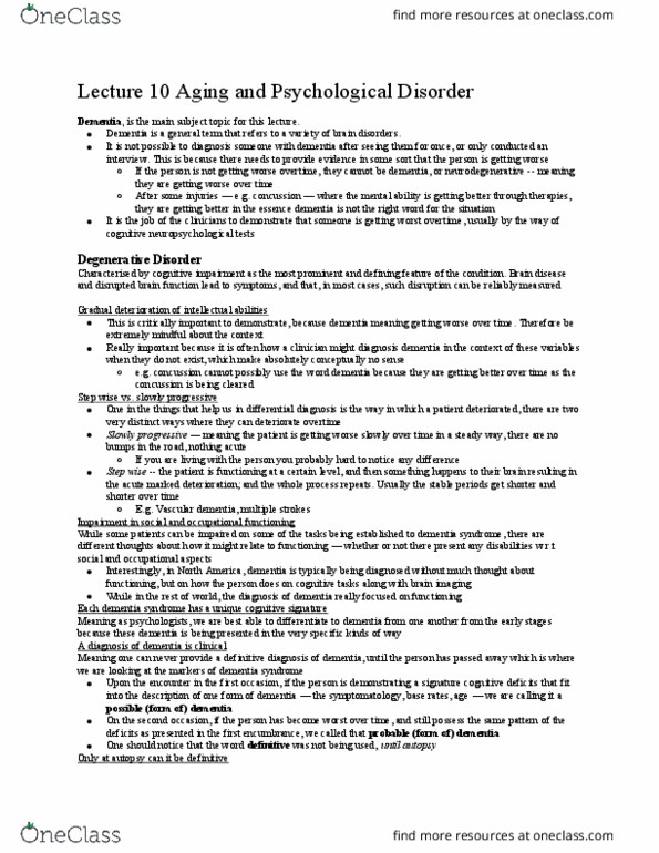 PSYB32H3 Lecture Notes - Lecture 10: Vascular Dementia, Differential Diagnosis, Cognitive Disorder thumbnail