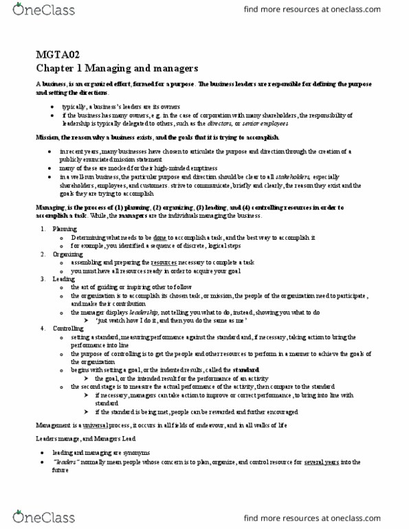 MGTA02H3 Chapter Notes - Chapter 1: Strategic Management, Human Resource Management thumbnail