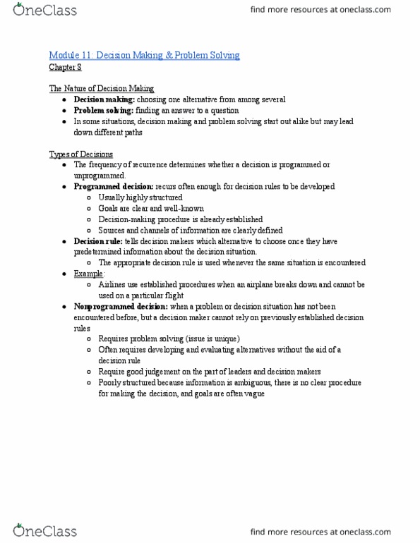 BUAD309 Chapter Notes - Chapter 8: Decision-Making, Problem Solving, Decision Rule thumbnail