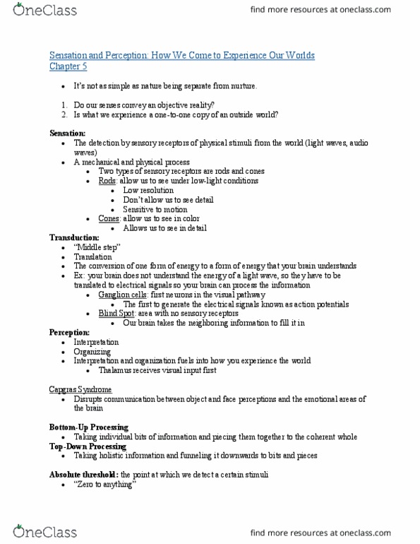 PSYC100 Lecture Notes - Lecture 5: Capgras Delusion, Sensory Neuron, Absolute Threshold thumbnail