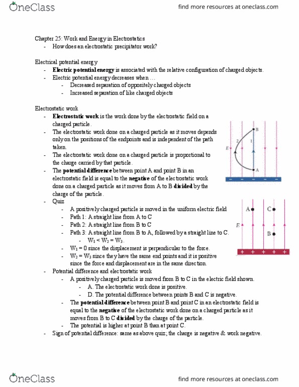 PHYS 122 Lecture Notes - Lecture 5: Electric Potential Energy, Electrostatic Precipitator, Voltage thumbnail