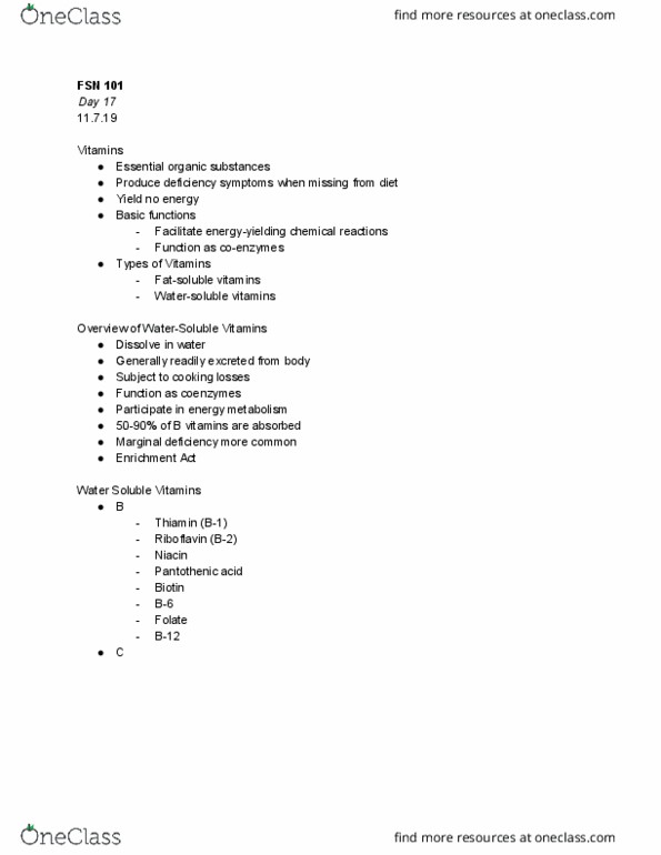 FSN 101 Lecture Notes - Lecture 17: Vitamin B12 Deficiency, Vitamin B6, Pantothenic Acid thumbnail