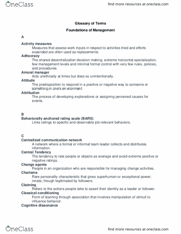 MAN 320F Lecture Notes - Lecture 1: Adhocracy, Cognitive Dissonance, Classical Conditioning thumbnail