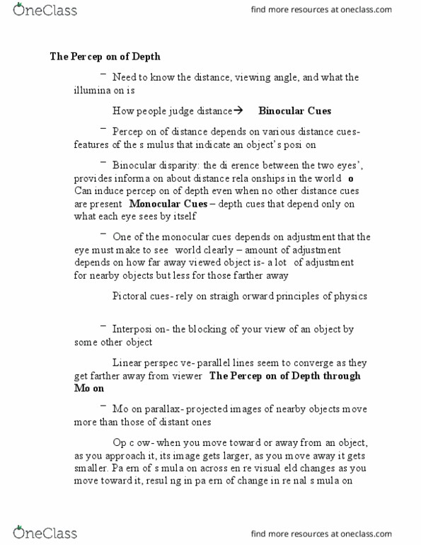 PSYCH 2H03 Lecture Notes - Lecture 1: Depth Perception, Binocular Disparity, Informa thumbnail