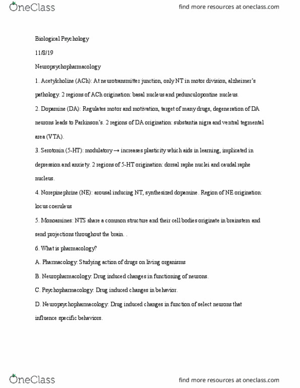 PSYC 3458 Lecture Notes - Lecture 10: Pedunculopontine Nucleus, Raphe Nuclei, Substantia Nigra thumbnail