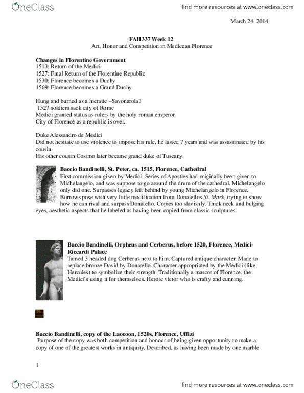 FAH337H1 Lecture Notes - Uffizi thumbnail
