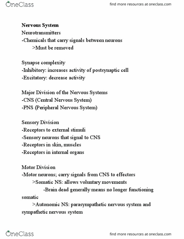 BIOL 100 Lecture Notes - Lecture 9: Parasympathetic Nervous System, Sympathetic Nervous System, Peripheral Nervous System thumbnail