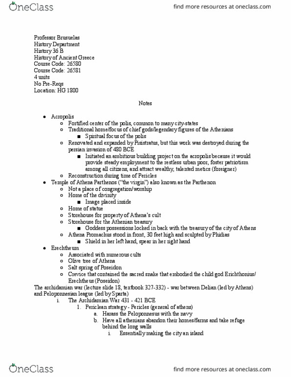 HISTORY 36B Lecture Notes - Lecture 48: Peloponnesian War, Athenian Treasury, Peloponnesian League thumbnail