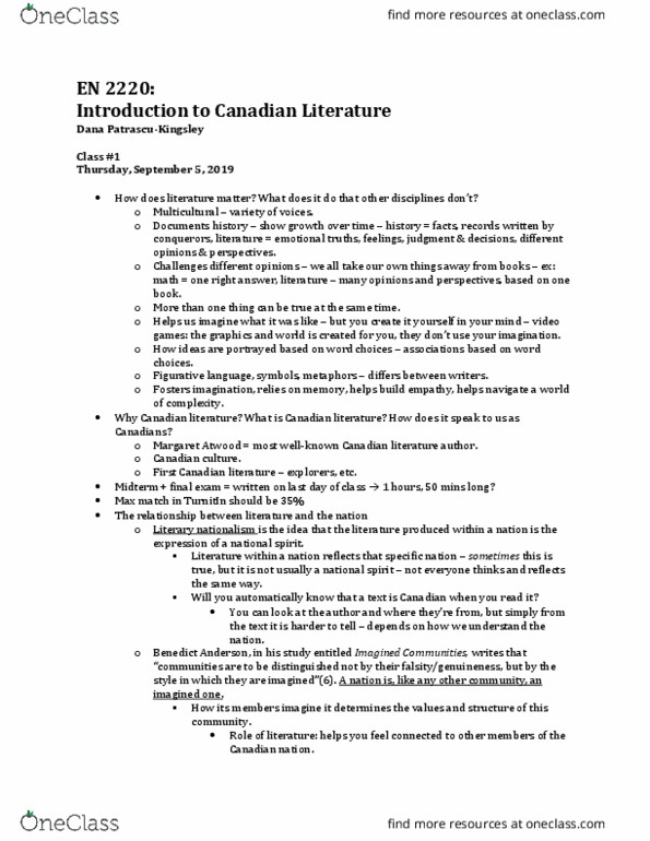 EN 2220 Lecture Notes - Lecture 1: Margaret Atwood, Imagined Communities, Turnitin thumbnail