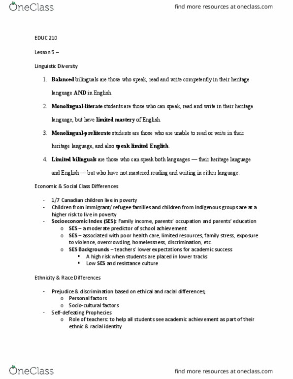 EDUC 210 Chapter Notes - Chapter 5: Heritage Language thumbnail