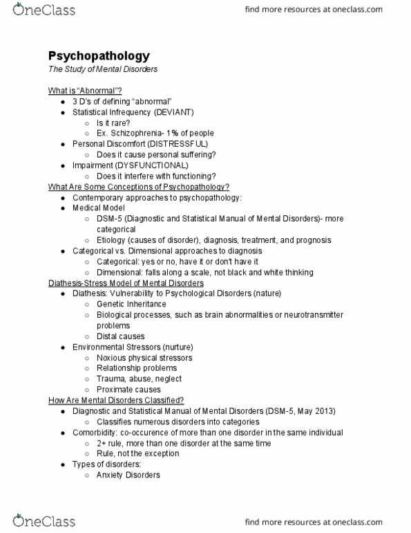 PSY 101 Lecture Notes - Lecture 23: Psychopathology, Dsm-5, Etiology thumbnail