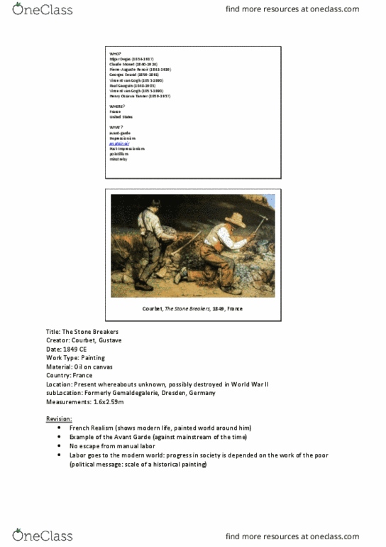 ARTH 206 Lecture Notes - Lecture 26: Vincent Van Gogh, Henry Ossawa Tanner, The Stone Breakers thumbnail