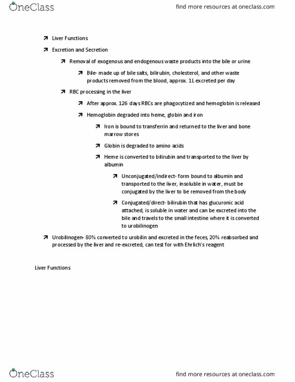 MEDT 340 Lecture Notes - Lecture 27: Bile Acid, Urobilinogen, Urobilin thumbnail