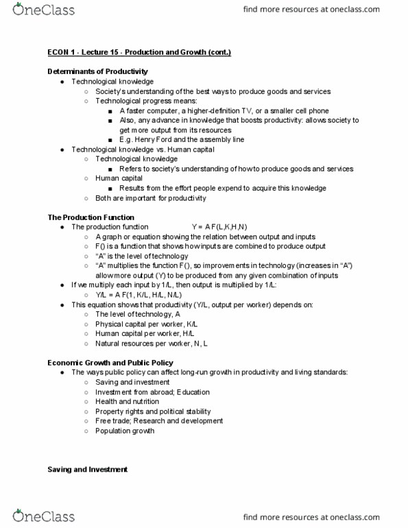 ECON 1 Lecture Notes - Lecture 15: Production Function, Human Capital, Physical Capital cover image