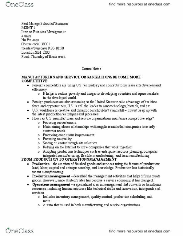 MGMT 1 Lecture Notes - Lecture 9: Computer-Integrated Manufacturing, Merage Family, Enterprise Resource Planning thumbnail