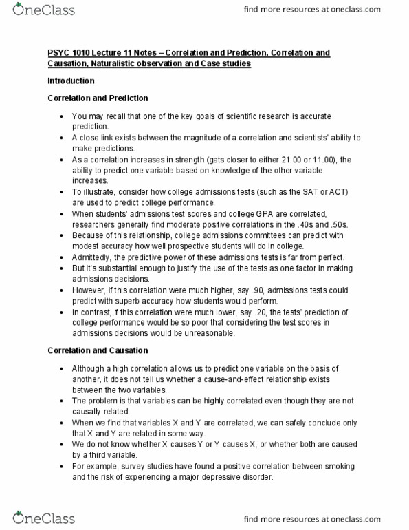 PSYC 1010 Lecture Notes - Lecture 11: Naturalistic Observation, Educational Entrance Examination, Interpersonal Psychotherapy thumbnail