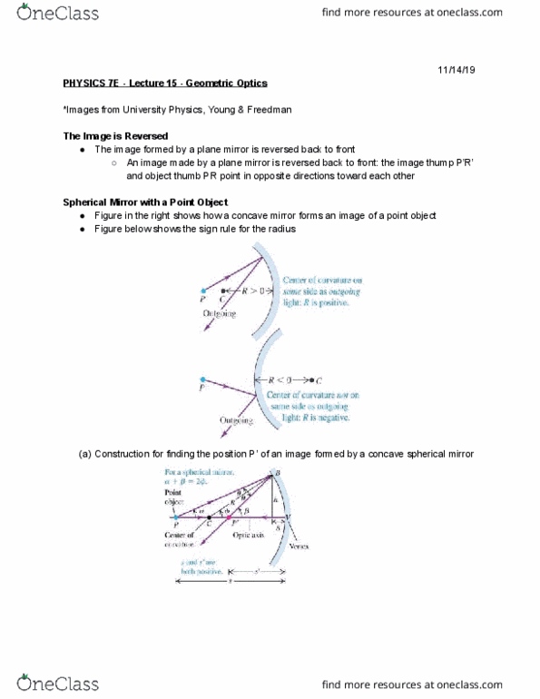 PHYSICS 7E Lecture Notes - Lecture 15: Curved Mirror, Plane Mirror, Paraxial Approximation thumbnail