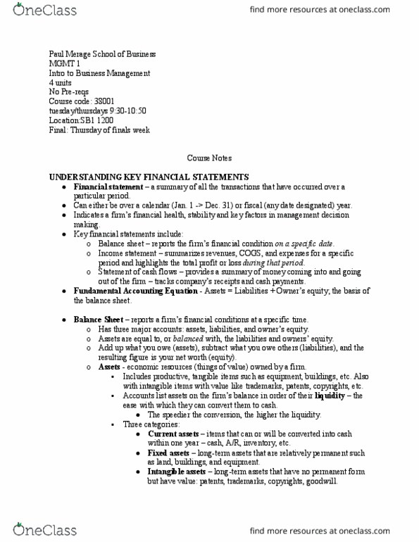 MGMT 1 Lecture Notes - Lecture 39: Merage Family, Balance Sheet, Financial Statement thumbnail