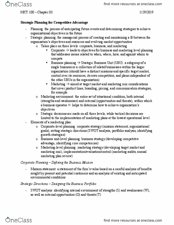 MKT 100 Chapter Notes - Chapter 3: Swot Analysis, Strategic Planning, Marketing Strategy thumbnail