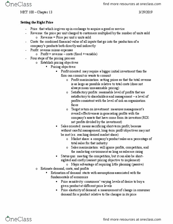 MKT 100 Chapter Notes - Chapter 13: Profit Maximization, Status Quo, Price Fixing thumbnail