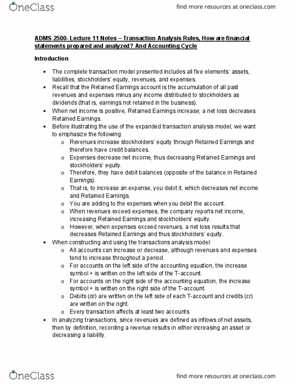 ADMS 2500 Lecture Notes - Lecture 11: Retained Earnings, Financial Statement, Accounting Information System thumbnail