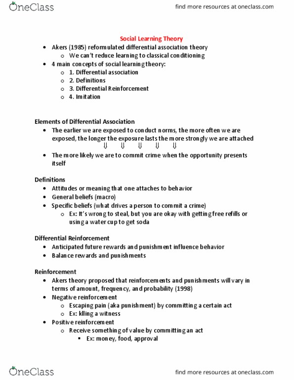 CRMJ 353 Lecture Notes - Lecture 11: Social Learning Theory, Differential Association, Reinforcement thumbnail