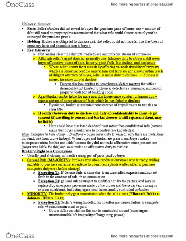 LAW 792 Lecture Notes - Lecture 4: Fiduciary, Listing Contract, Earnest Payment thumbnail