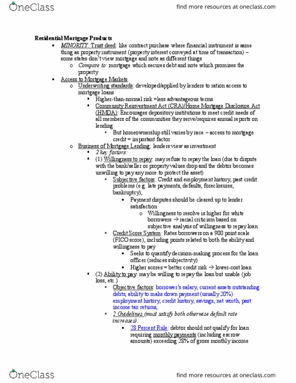 LAW 792 Lecture Notes - Lecture 32: Community Reinvestment Act, Home Mortgage Disclosure Act, Credit Risk thumbnail