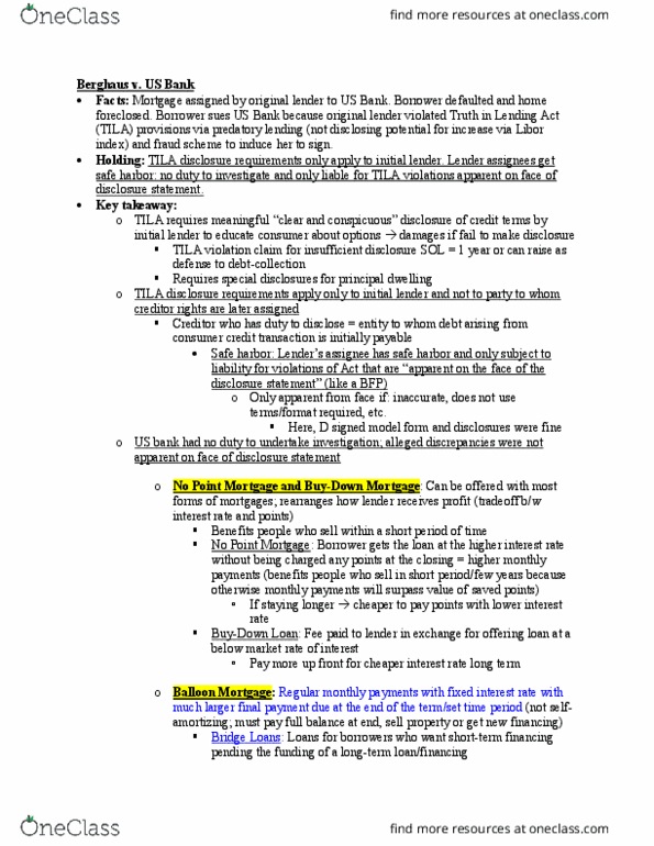 LAW 792 Lecture Notes - Lecture 34: U.S. Bancorp, Predatory Lending, Balloon Payment Mortgage thumbnail